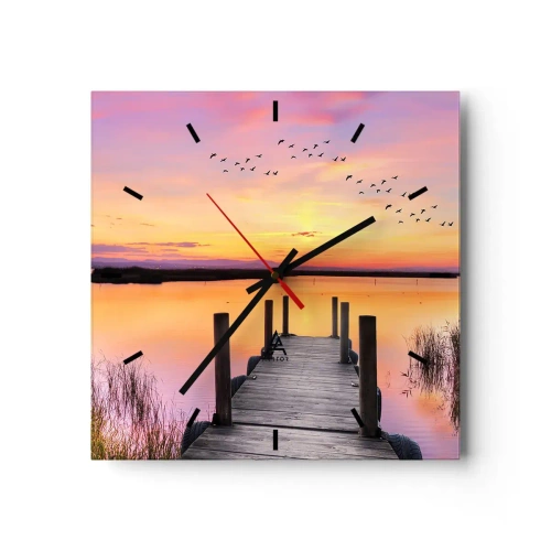 Reloj de pared - Reloj de vidrio - Un muelle en un lago al atardecer con pájaros en el cielo. - 30x30cm - Violeta amanecer silencioso - Decoración de pared moderna para salón y dormitorio ARTTOR