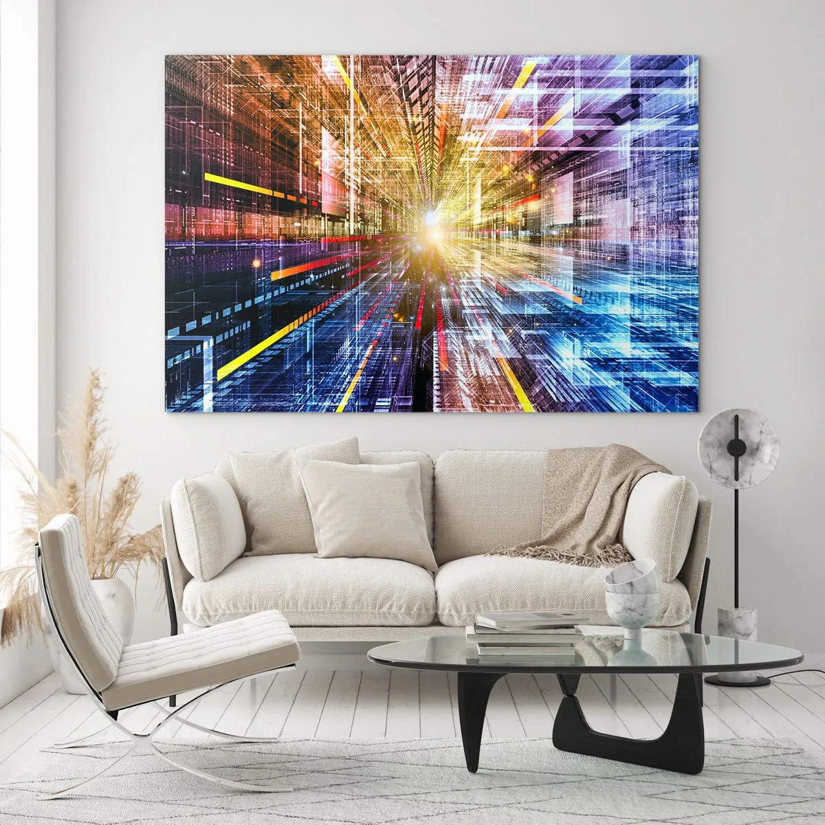 Cuadro sobre vidrio - Impresiones sobre Vidrio - Visión abstracta con líneas de colores y luz. - 70x50cm - Un pasillo luminoso - Decoración de pared moderna para salón y dormitorio ARTTOR