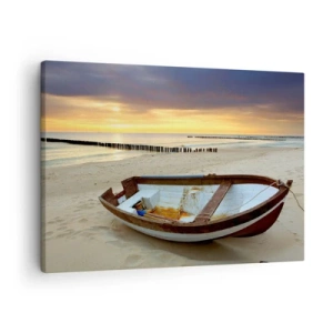 Cuadro sobre lienzo - Impresión de Imagen - Un barco en una playa de arena al atardecer. - 70x50cm - No hay playas más bonitas - Decoración de pared moderna para salón y dormitorio ARTTOR