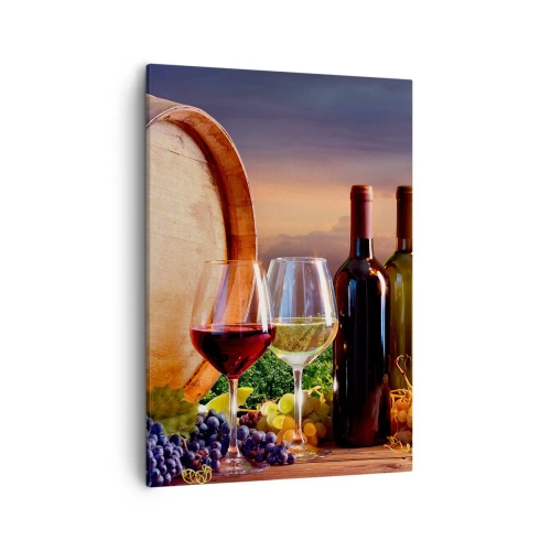 Cuadro sobre lienzo - Impresión de Imagen - Vino, copas y un barril en un paisaje pintoresco. - 50x70cm - Aquí la vida tiene un sabor - Decoración de pared moderna para salón y dormitorio ARTTOR