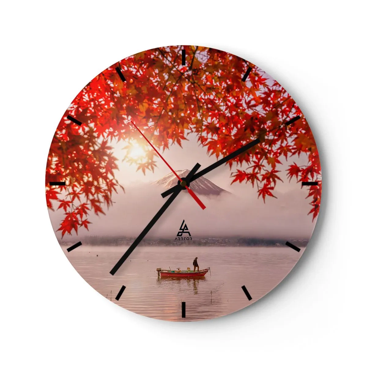 Reloj de pared - Reloj de vidrio - Hojas de otoño con el monte Fuji al fondo y un barco en un lago - 30x30cm - Estilo japonés - Decoración de pared moderna para salón, cocina y dormitorio ARTTOR