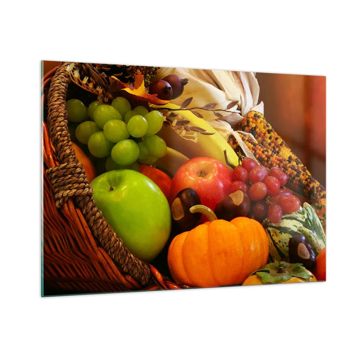 Cuadro sobre vidrio - Impresiones sobre Vidrio - Una cesta llena de frutas y verduras en un arreglo otoñal. - 100x70cm - Cesta de la cosecha - Decoración de pared moderna para salón y dormitorio ARTTOR