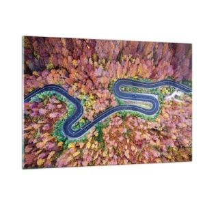 Cuadro sobre vidrio - Impresiones sobre Vidrio - Una vista de pájaro de un camino sinuoso entre coloridos árboles otoñales. - 120x80cm - Un camino sinuoso a través del bosque - Decoración de pared moderna para salón y dormitorio ARTTOR