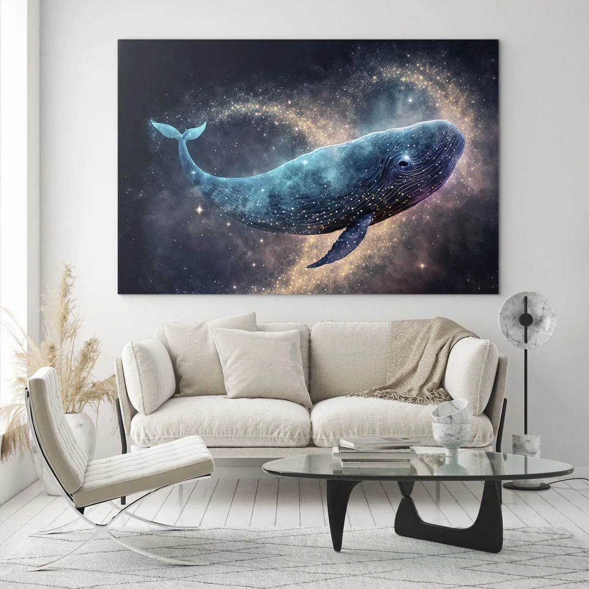 Cuadro sobre vidrio - Impresiones sobre Vidrio - Ballena azul flotando en la galaxia - 100x70cm - Existe un mundo diferente - Decoración de pared moderna para salón y dormitorio ARTTOR