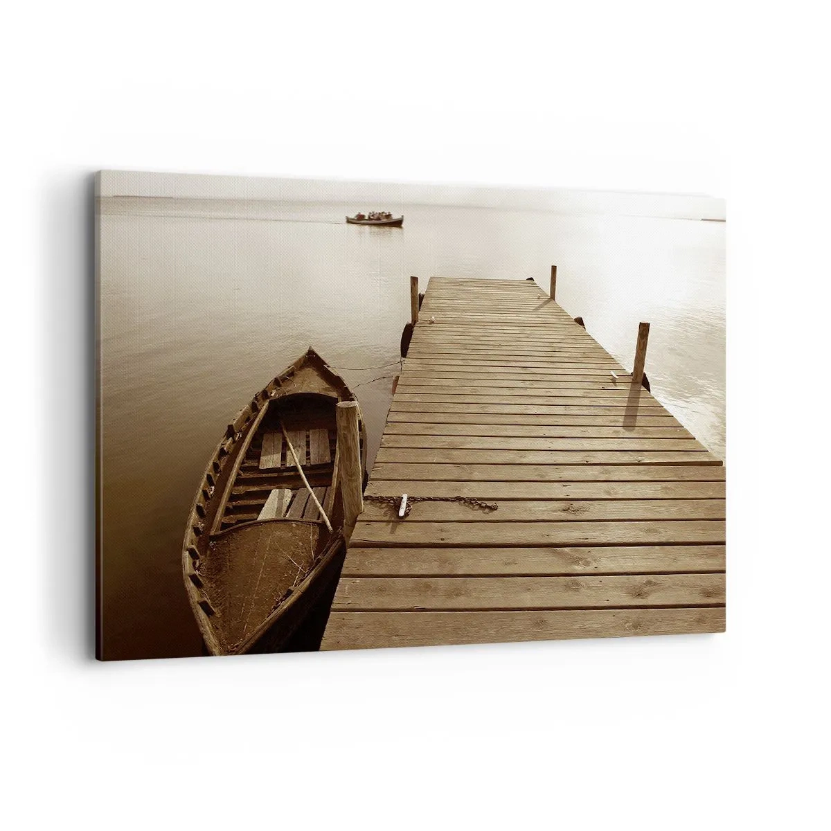 Cuadro sobre lienzo - Impresión de Imagen - Muelle de madera y barco en un lago tranquilo - 100x70cm - La auténtica paz - Decoración de pared moderna para salón y dormitorio ARTTOR