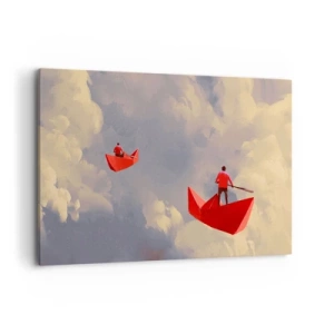 Cuadro sobre lienzo - Impresión de Imagen - Barquitos de papel rojos flotando en las nubes - 120x80cm - El viaje de un soñador - Decoración de pared moderna para salón y dormitorio ARTTOR