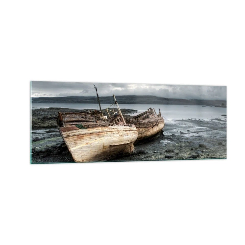 Cuadro sobre vidrio - Impresiones sobre Vidrio - Barcos abandonados en la orilla en una escena lluviosa - 140x50cm - Muestra de un trabajo dignamente realizado - Decoración de pared moderna para salón y dormitorio ARTTOR