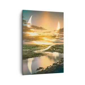 Cuadro sobre lienzo - Impresión de Imagen - Un paisaje fantástico con dos lunas en el horizonte. - 50x70cm - En algún lugar de una galaxia muy, muy lejana - Decoración de pared moderna para salón y dormitorio ARTTOR