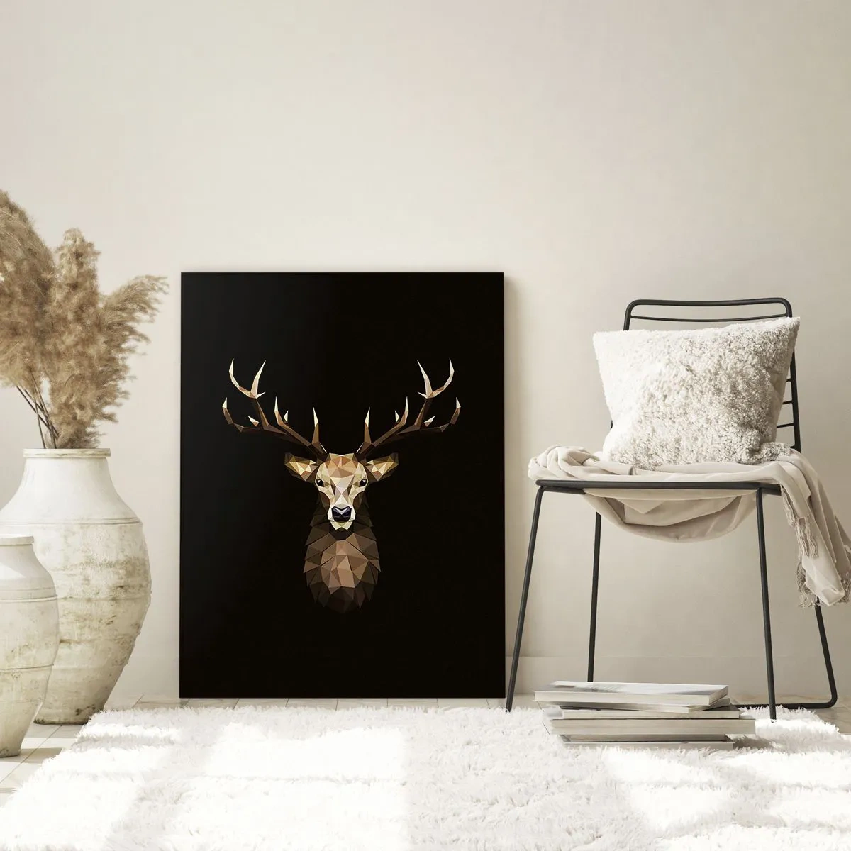 Cuadro sobre vidrio - Impresiones sobre Vidrio - Ciervo geométrico sobre fondo negro - 50x70cm - Ciervo cubista - Decoración de pared moderna para salón y dormitorio ARTTOR