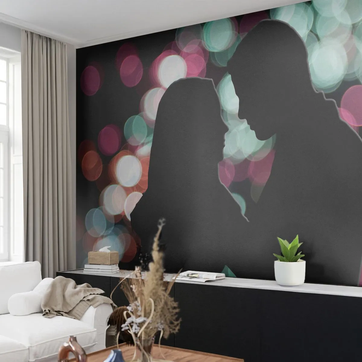 Fotomural Premium Sand - Siluetas de una pareja enamorada contra el fondo de luces bokeh. - 100x70cm - ¡Sí! - Decoración de pared moderna para salón y dormitorio ARTTOR