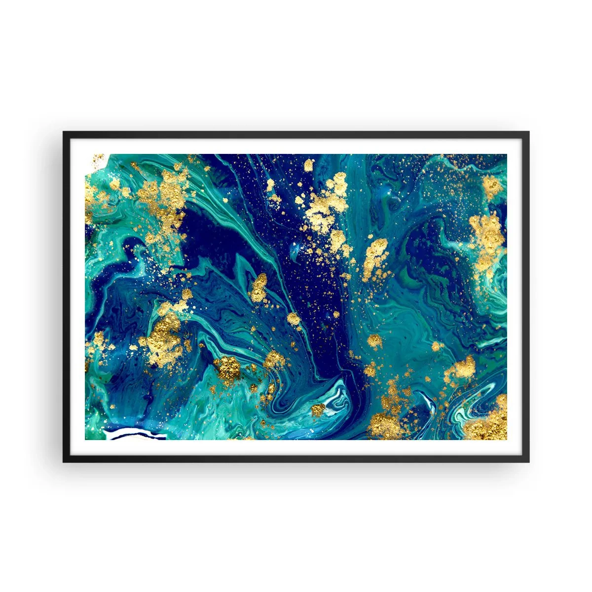 Póster en marco negro - Una composición abstracta con acentos azules, verdes y dorados. - 100x70cm - Pétalos de sol  - Decoración de pared moderna para salón y dormitorio ARTTOR