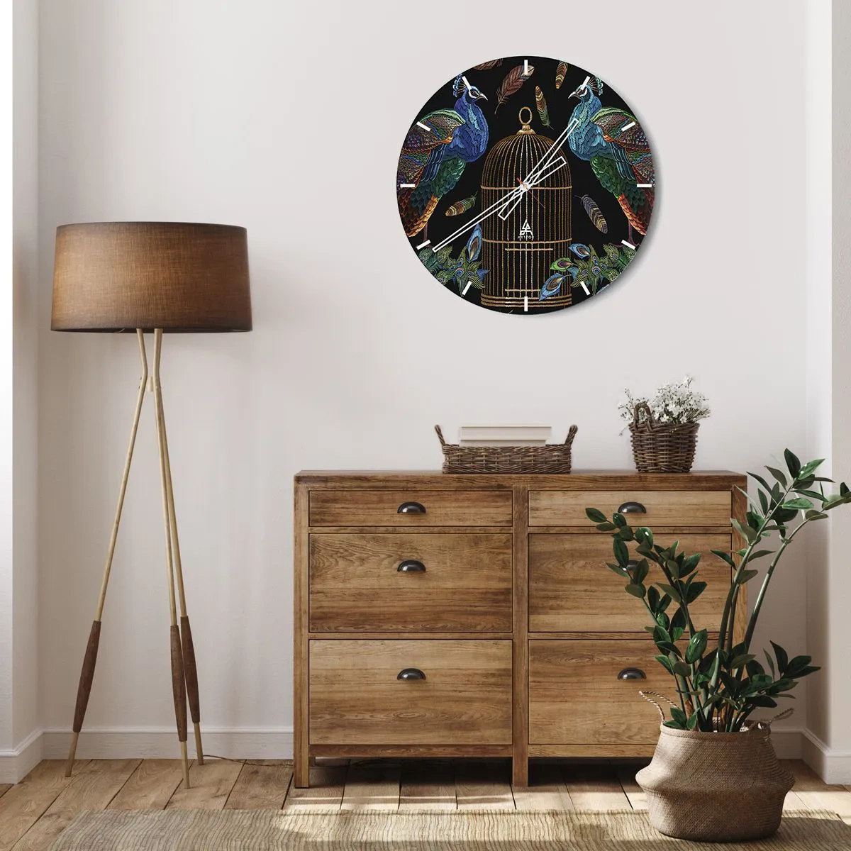 Reloj de pared - Reloj de vidrio - Con plumajes reales - 30x30 cm