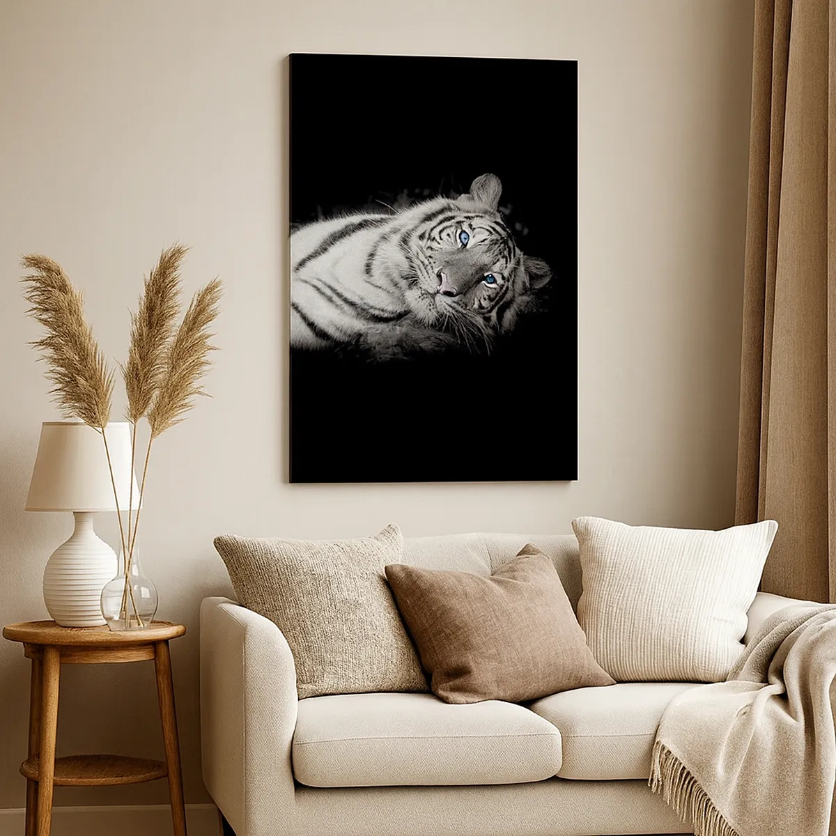 Cuadro sobre lienzo - Impresión de Imagen - Un tigre blanco representado artísticamente sobre un fondo negro. - 50x70cm - Salvaje y tranquilo - Decoración de pared moderna para salón y dormitorio ARTTOR