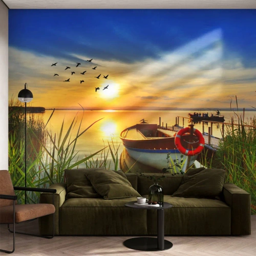 Fotomural Premium Canvas - Los cormoranes están volando - Paisaje, Lago, Atardecer - 150x105 cm