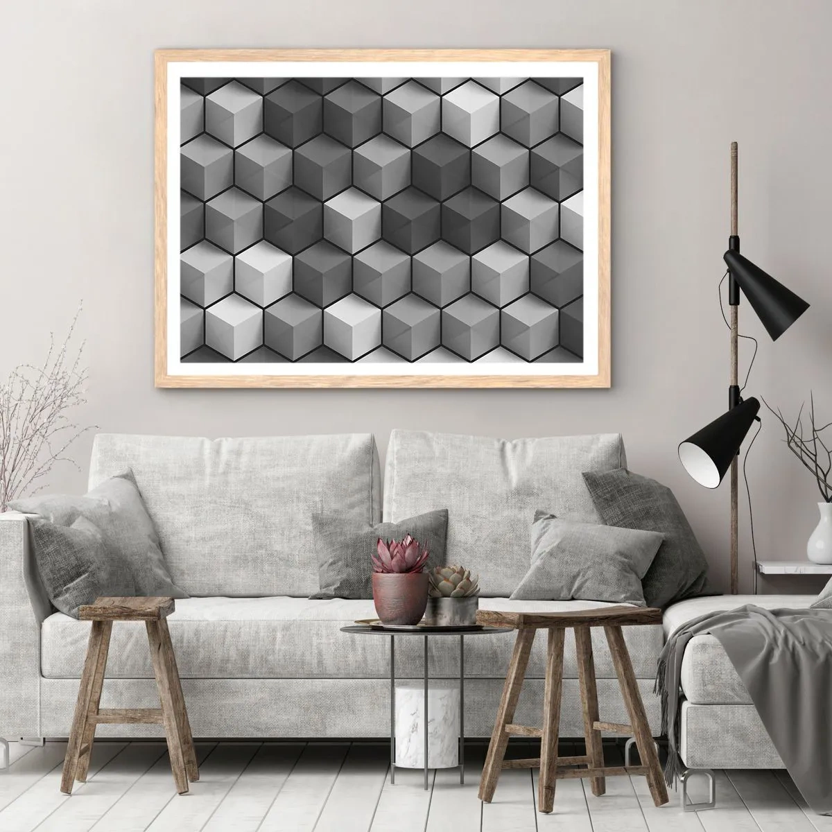 Póster en marco roble claro - Rompecabezas cubista - 50x40 cm