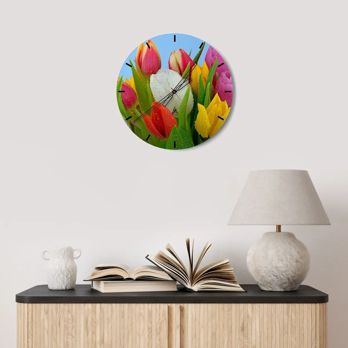 Reloj de pared - Reloj de vidrio - Arco iris floral en gotas de rocío - 40x40 cm