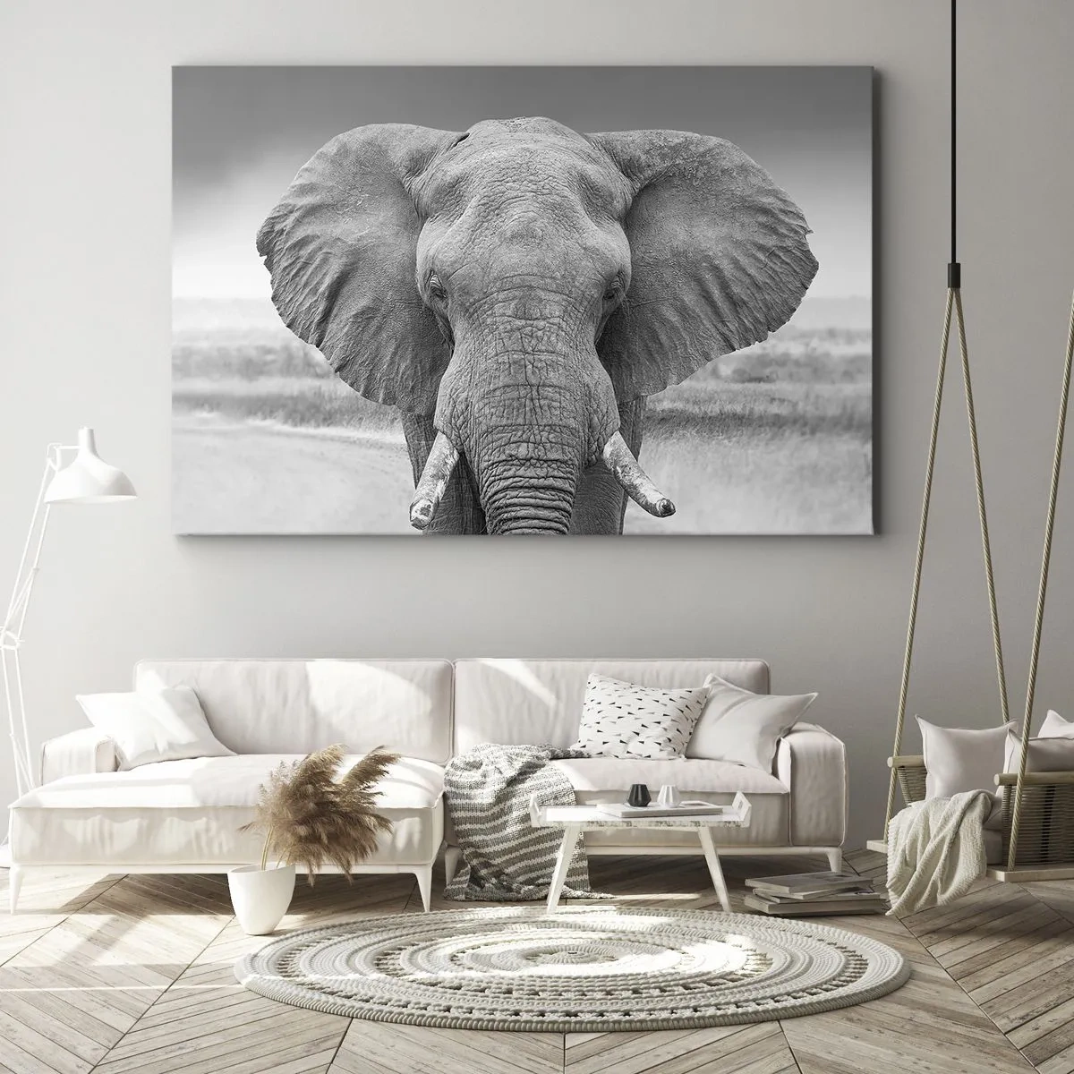 Cuadro sobre lienzo - Impresión de Imagen - Retrato de un elefante en blanco y negro - 70x50cm - Bienvenido a mi mundo - Decoración de pared moderna para salón y dormitorio ARTTOR