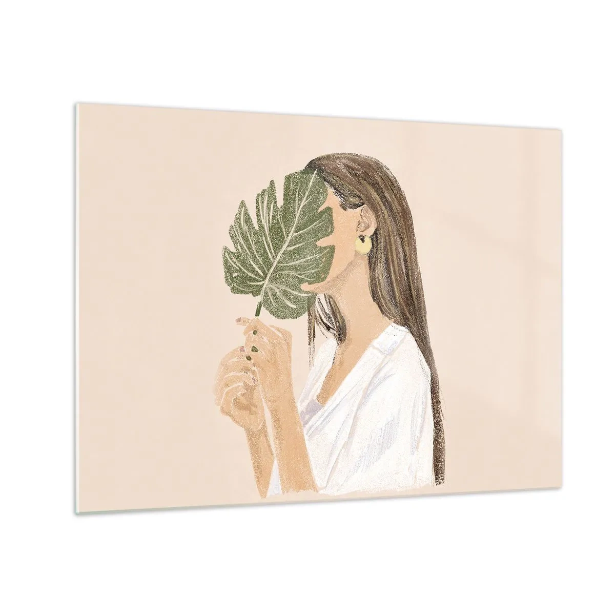 Cuadro sobre vidrio - Impresiones sobre Vidrio - Una mujer con cabello largo sosteniendo una hoja frente a su cara. - 70x50cm - Retrato misterioso con un abanico - Decoración de pared moderna para salón y dormitorio ARTTOR