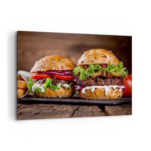Cuadro sobre lienzo - Impresión de Imagen - Deliciosas hamburguesas con verduras y salsa. - 120x80cm - El sueño americano - Decoración de pared moderna para salón y dormitorio ARTTOR