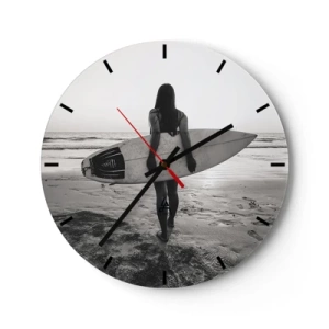 Reloj de pared - Reloj de vidrio - Abstracción minimalista con líneas negras y un círculo rojo. - 30x30cm - Hija de las olas marinas - Decoración de pared moderna para salón, cocina y dormitorio ARTTOR