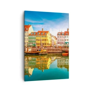 Cuadro sobre lienzo - Impresión de Imagen - Casas coloridas en los canales de Copenhague - 50x70cm - Sobre el agua tan suave como un espejo - Decoración de pared moderna para salón y dormitorio ARTTOR