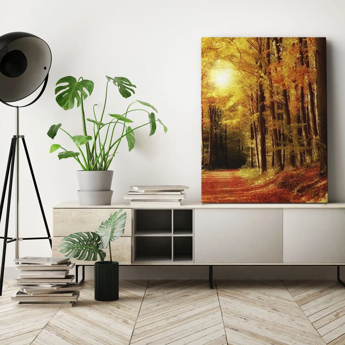 Cuadro sobre lienzo - Impresión de Imagen - Bosque otoñal con rayos de sol brillando a través de los árboles. - 80x120cm - Un otoño dorado en una carretera forestal - Decoración de pared moderna para salón y dormitorio ARTTOR