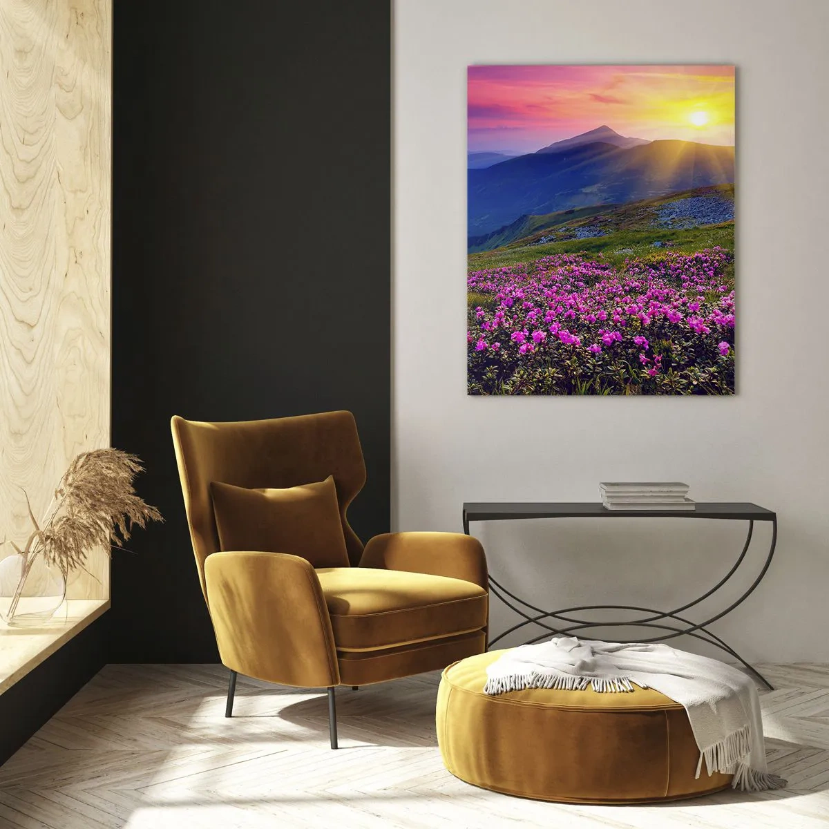 Cuadro sobre vidrio - Impresiones sobre Vidrio - Un prado florido con vistas a las montañas durante la puesta de sol. - 80x120cm - ... Y el aroma a hierbas está por todas partes - Decoración de pared moderna para salón y dormitorio ARTTOR