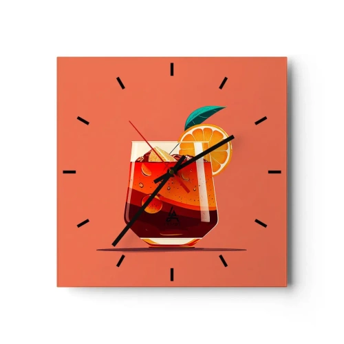 Reloj de pared - Reloj de vidrio - Un vaso de bebida y una rodaja de naranja sobre un fondo naranja. - 30x30cm - Refresco de verano - Decoración de pared moderna para salón y dormitorio ARTTOR
