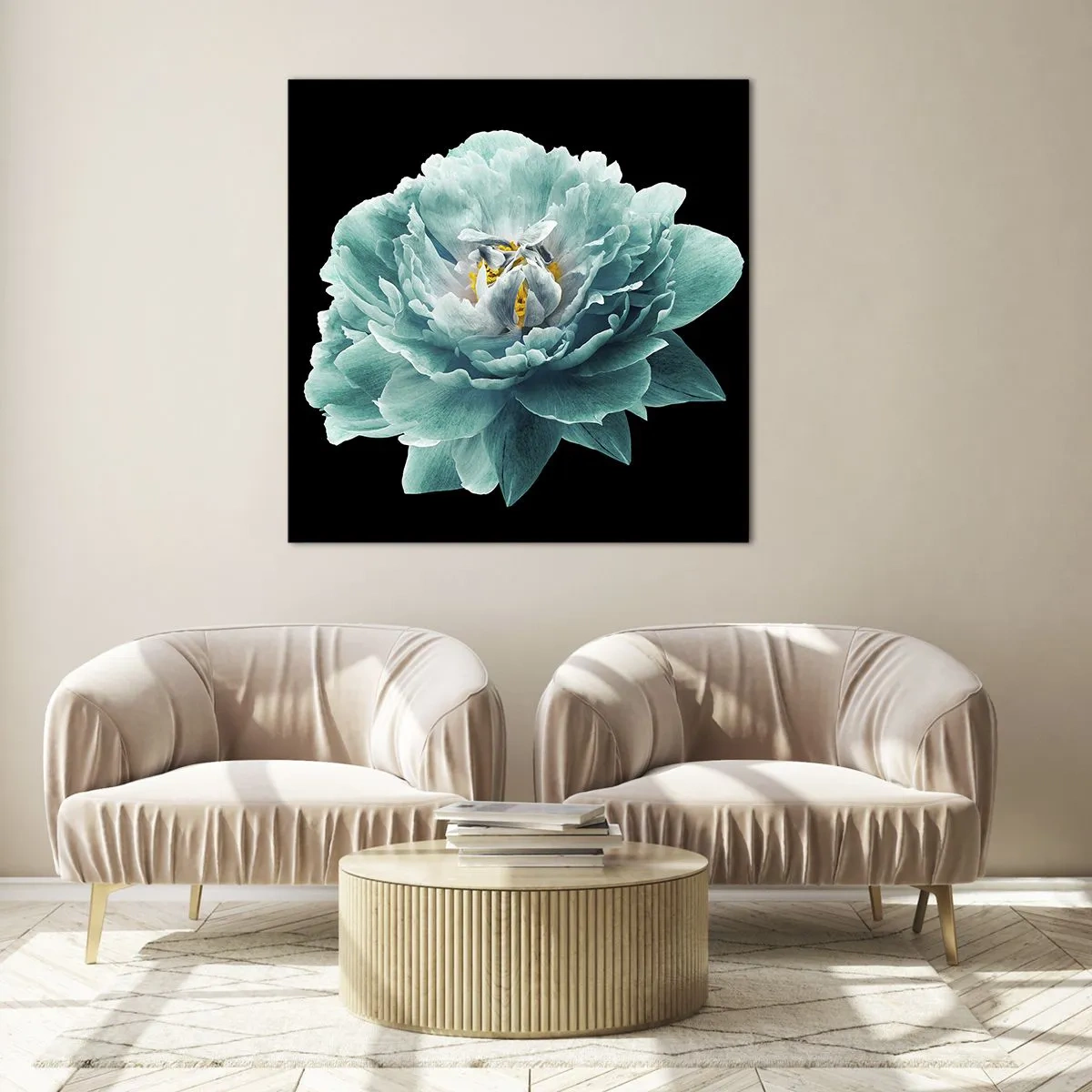 Cuadro sobre vidrio - Impresiones sobre Vidrio - Pétalos azules y dorados - 60x60 cm