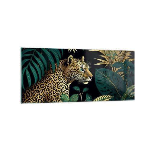 Cuadro sobre vidrio - Impresiones sobre Vidrio - Leopardo en hojas tropicales sobre un fondo negro - 120x50cm - El anfitrión en la jungla - Decoración de pared moderna para salón y dormitorio ARTTOR