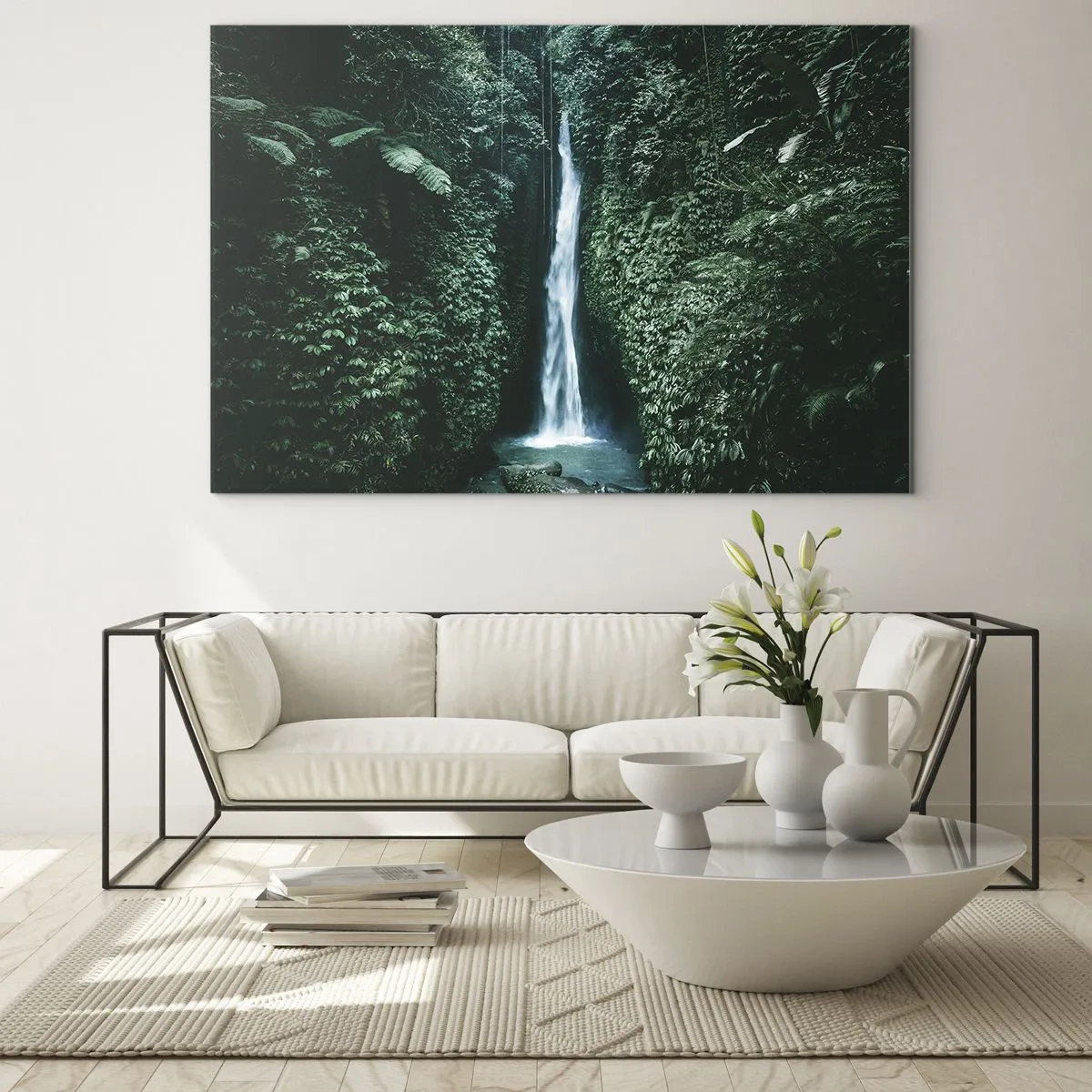Cuadro sobre vidrio - Impresiones sobre Vidrio - Una cascada en medio de una densa vegetación tropical. - 70x50cm - Balneario tropical - Decoración de pared moderna para salón y dormitorio ARTTOR