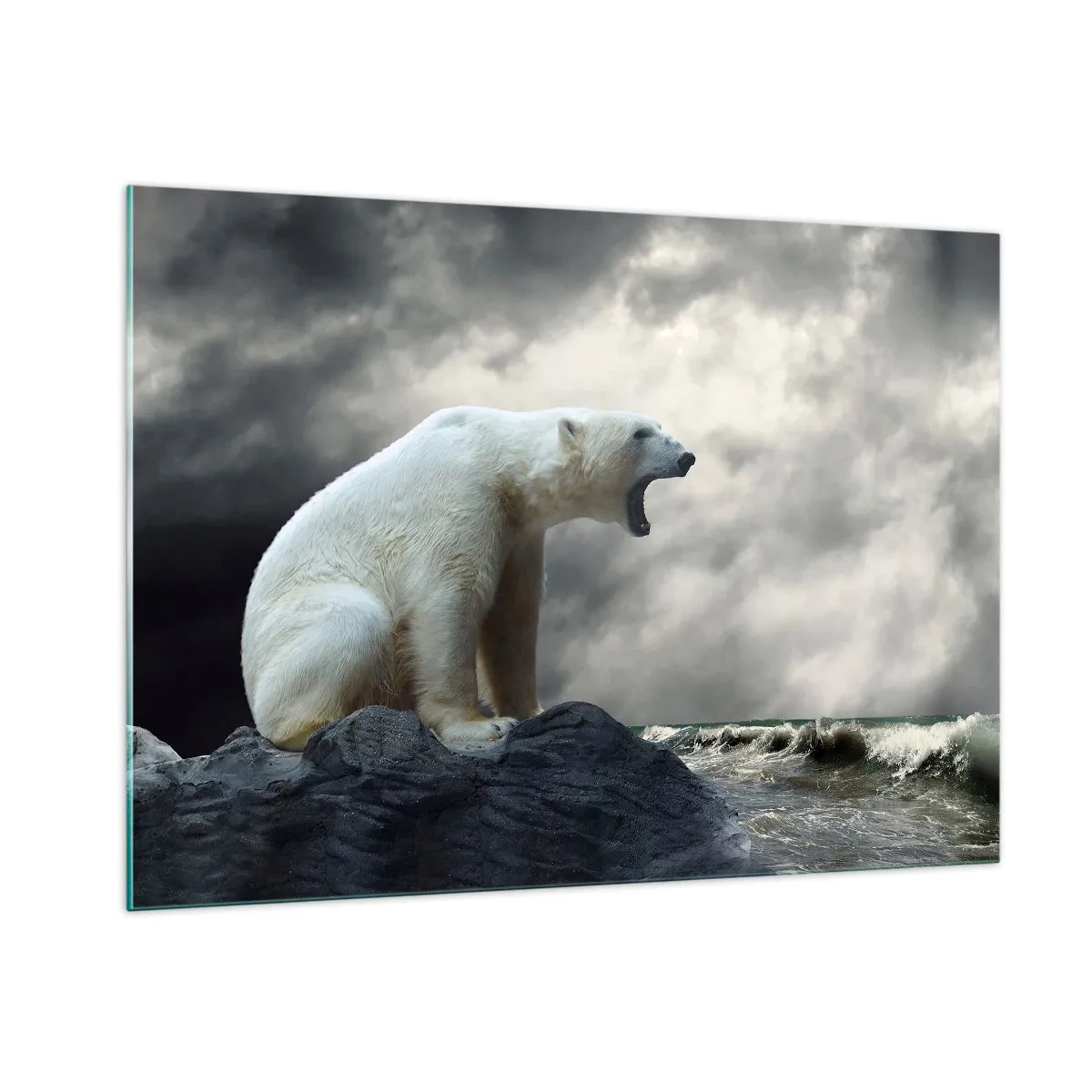 Cuadro sobre vidrio - Impresiones sobre Vidrio - Un oso polar contra un cielo tormentoso. - 100x70cm - El solitario rey del Ártico - Decoración de pared moderna para salón y dormitorio ARTTOR