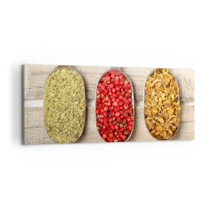 Cuadro sobre lienzo - Impresión de Imagen - Tres cucharas de metal con especias sobre un fondo de madera. - 120x50cm - La magia de la cocina - Decoración de pared moderna para salón y dormitorio ARTTOR