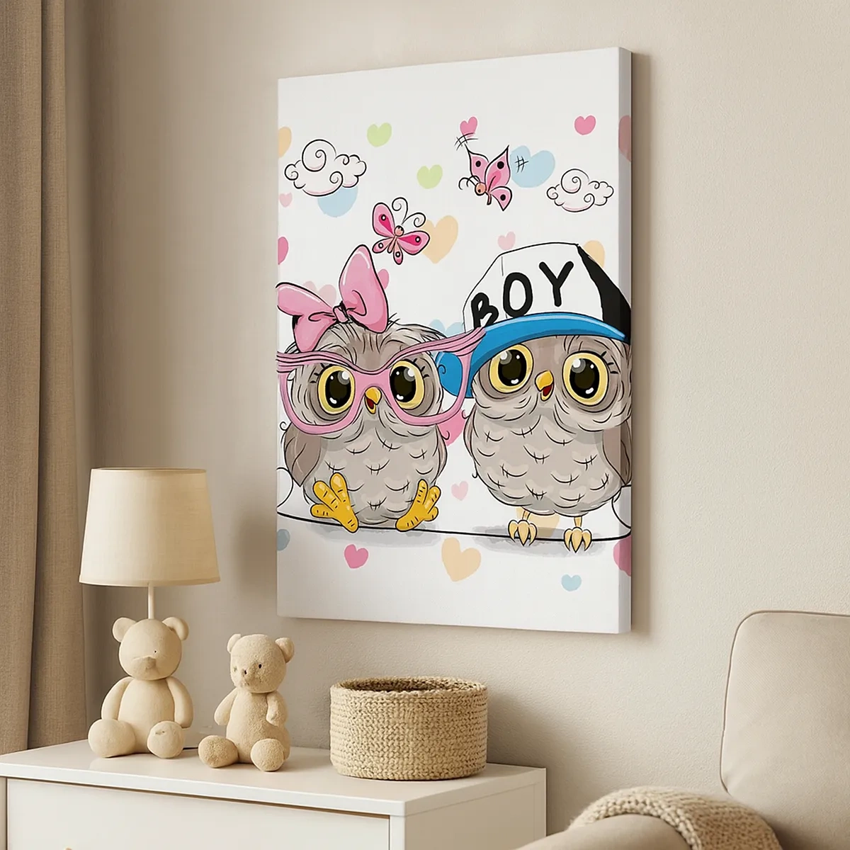 Cuadro sobre lienzo - Impresión de Imagen - Dos adorables búhos rodeados de corazones. - 50x70cm - El amor - Decoración de pared moderna para salón y dormitorio ARTTOR