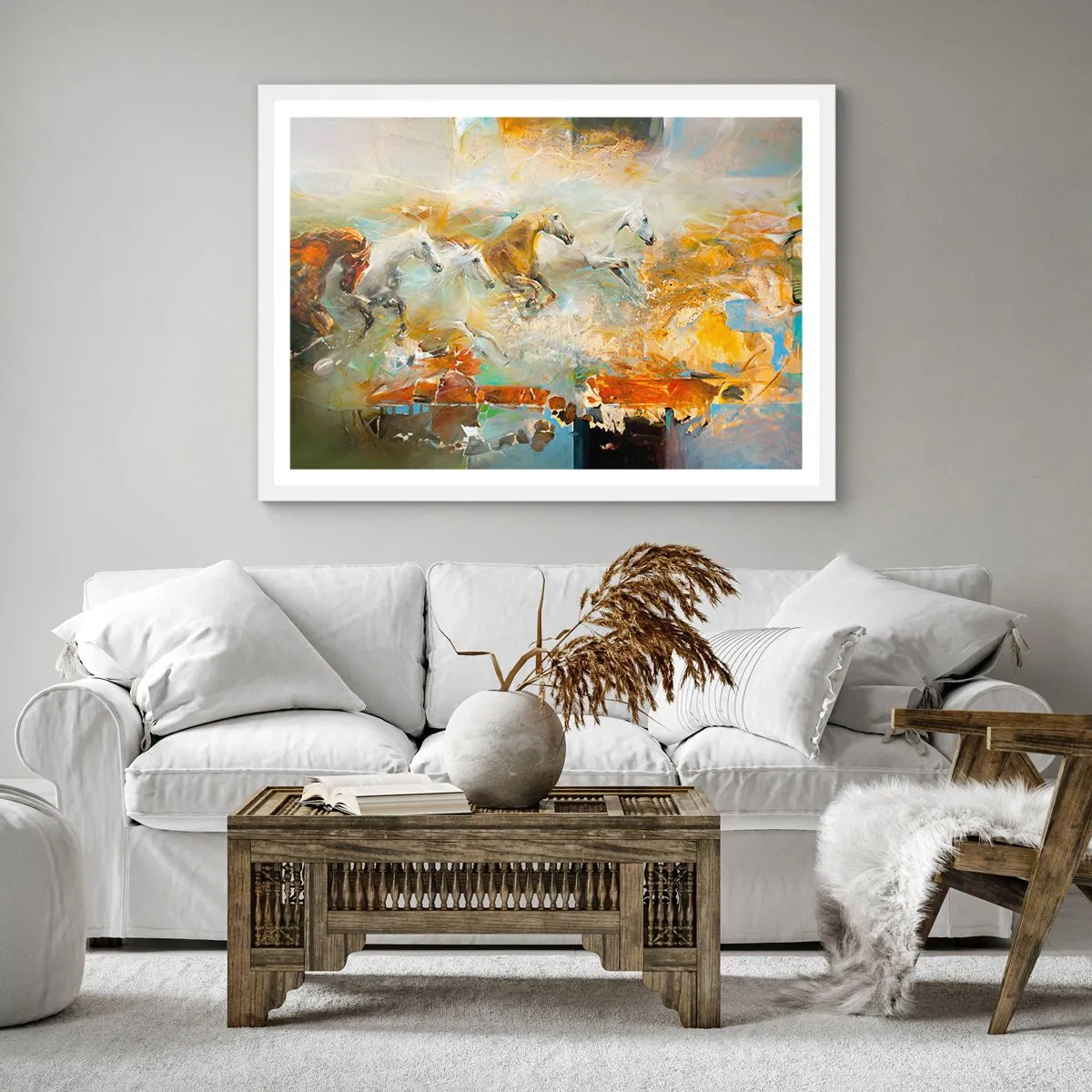 Póster en marco blanco - Galopando a través de la luz - 40x40 cm