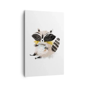 Cuadro sobre lienzo - Impresión de Imagen - Adorable mapache sosteniendo una taza de color pastel - 80x120cm - Mi amigo mapache - Decoración de pared moderna para salón y dormitorio ARTTOR