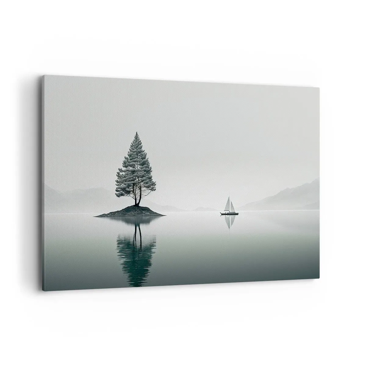 Cuadro sobre lienzo - Impresión de Imagen - Un paisaje minimalista con un árbol en una isla y un velero. - 100x70cm - Un sueño hecho realidad - Decoración de pared moderna para salón y dormitorio ARTTOR