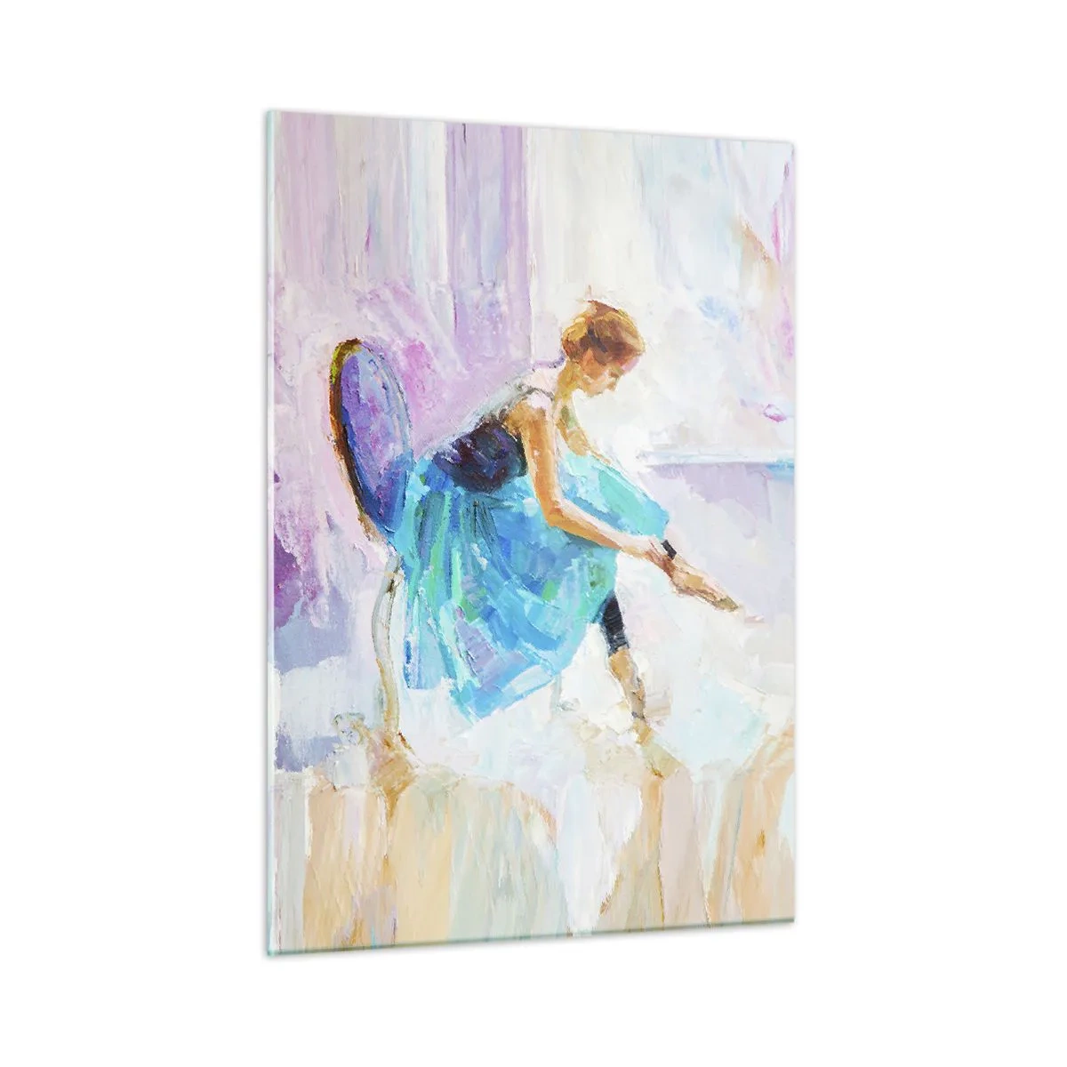 Cuadro sobre vidrio - Impresiones sobre Vidrio - Una bailarina con un vestido azul sobre un fondo impresionista. - 50x70cm - Gracia indescriptible, encanto sutil - Decoración de pared moderna para salón y dormitorio ARTTOR
