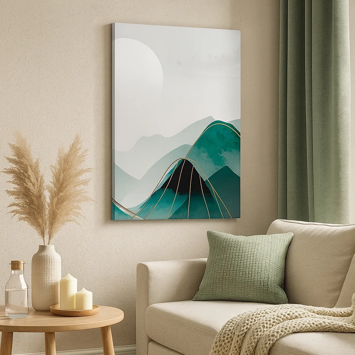 Cuadro sobre lienzo - Impresión de Imagen - Paisaje montañoso abstracto con la luna y líneas doradas. - 50x70cm - Con toda la majestuosidad - Decoración de pared moderna para salón y dormitorio ARTTOR