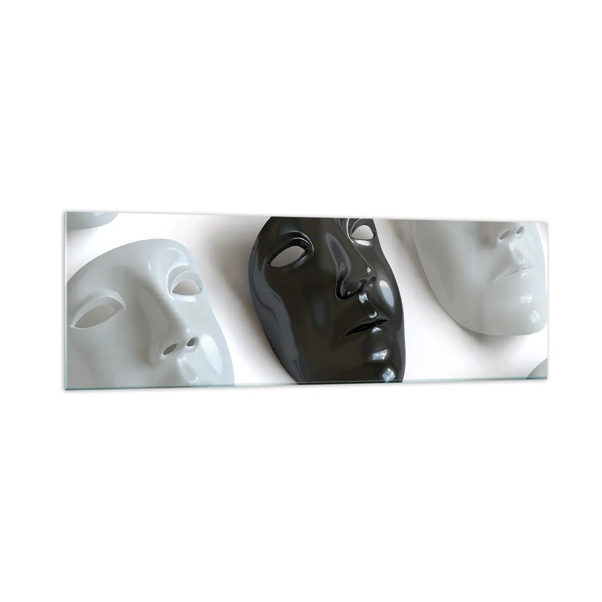 Cuadro sobre vidrio - Impresiones sobre Vidrio - Máscaras en blanco y negro sobre un fondo claro - 160x50cm - ¿Cómo destacar? - Decoración de pared moderna para salón y dormitorio ARTTOR