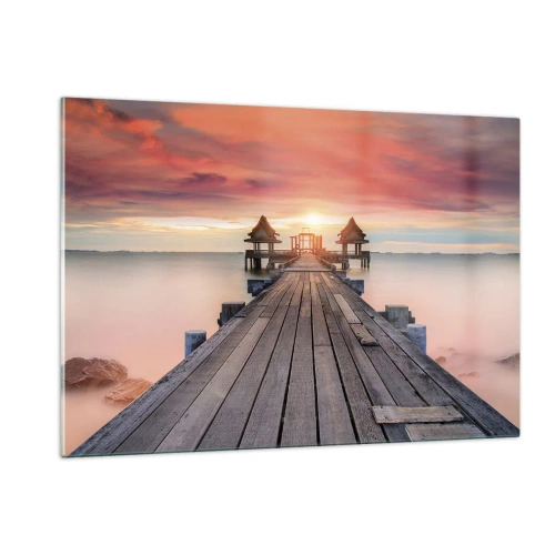 Cuadro sobre vidrio - Impresiones sobre Vidrio - Muelle de madera que conduce a los miradores junto al agua al atardecer - 120x80cm - De este a oeste - Decoración de pared moderna para salón y dormitorio ARTTOR