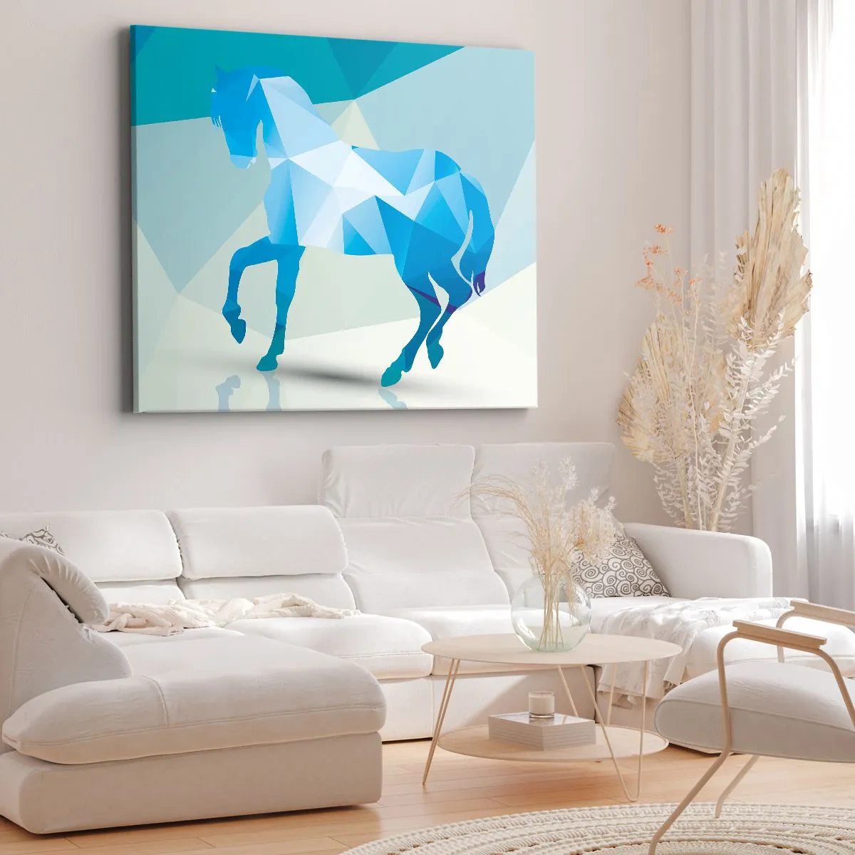 Cuadro sobre lienzo - Impresión de Imagen - Silueta geométrica de un caballo en tonos azules. - 120x80cm - Caballo geométrico en turquesa - Decoración de pared moderna para salón y dormitorio ARTTOR