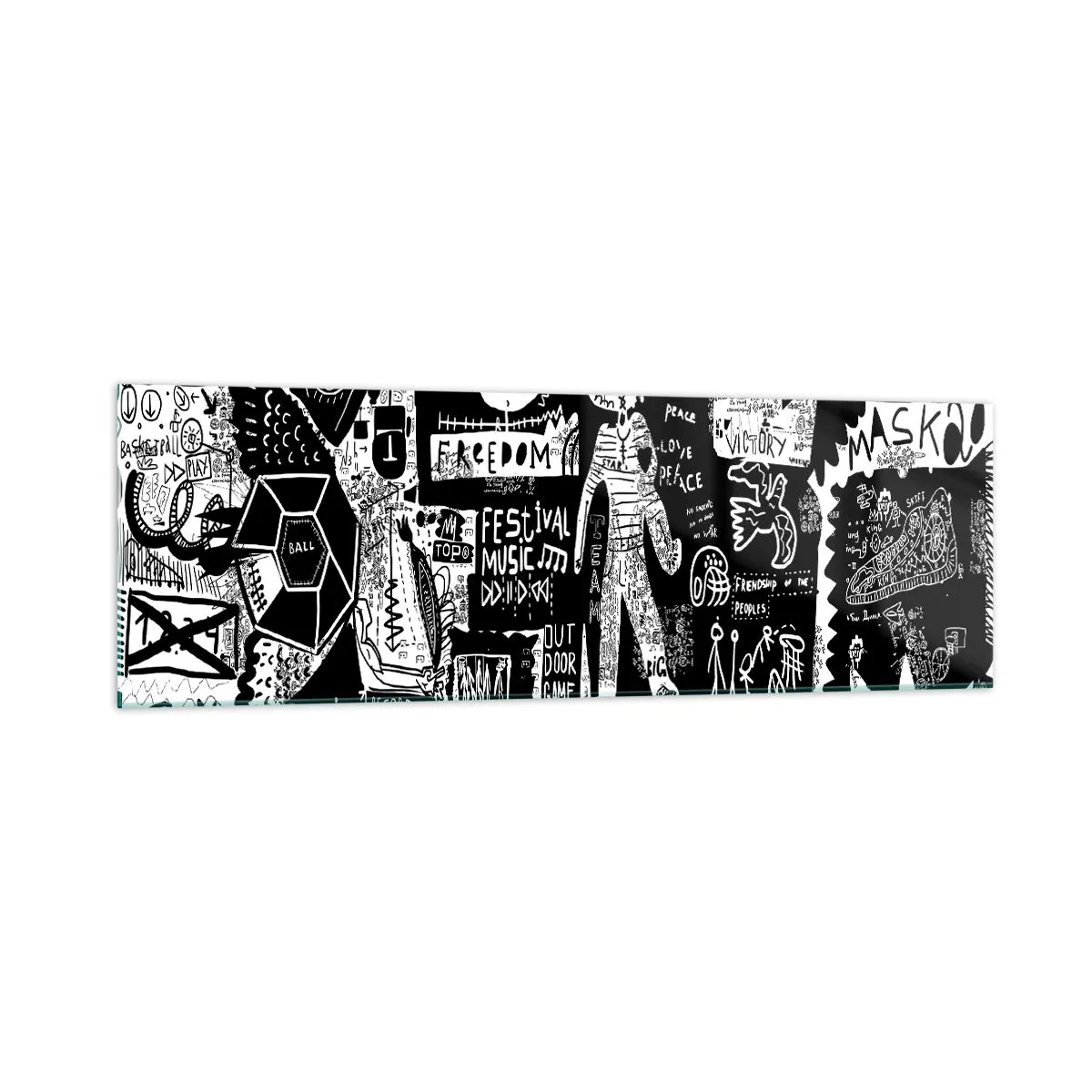Cuadro sobre vidrio - Impresiones sobre Vidrio - Collage en blanco y negro inspirado en el arte callejero - 160x50cm - La juventud espiritual de la ley y la alegría - Decoración de pared moderna para salón y dormitorio ARTTOR
