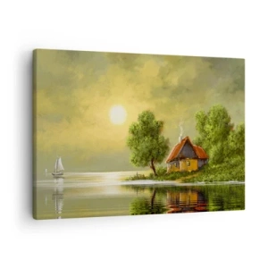 Cuadro sobre lienzo - Impresión de Imagen - Casa del lago a la luz del atardecer - 70x50cm - Es hermoso, como salido de un cuadro - Decoración de pared moderna para salón y dormitorio ARTTOR