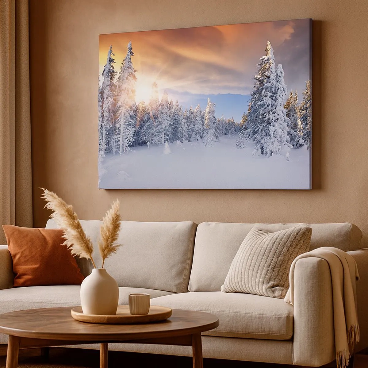 Cuadro sobre lienzo - Impresión de Imagen - Paisaje invernal con un bosque nevado al atardecer - 70x50cm - Un espectáculo de naturaleza nevada - Decoración de pared moderna para salón y dormitorio ARTTOR