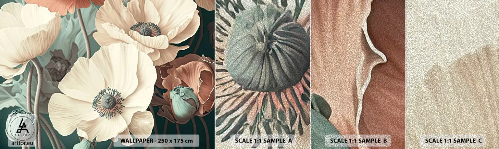 Muestra de fotomural Premium Sand - Susurro de amapolas - flores, Plantas, Pastel - 100x30 cm