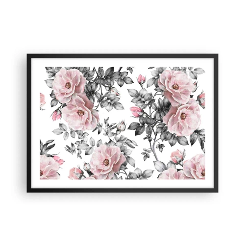 Póster en marco negro - Rosas rosas y hojas sobre un delicado fondo blanco y negro. - 70x50cm - Entre las rosas - Decoración de pared moderna para salón y dormitorio ARTTOR