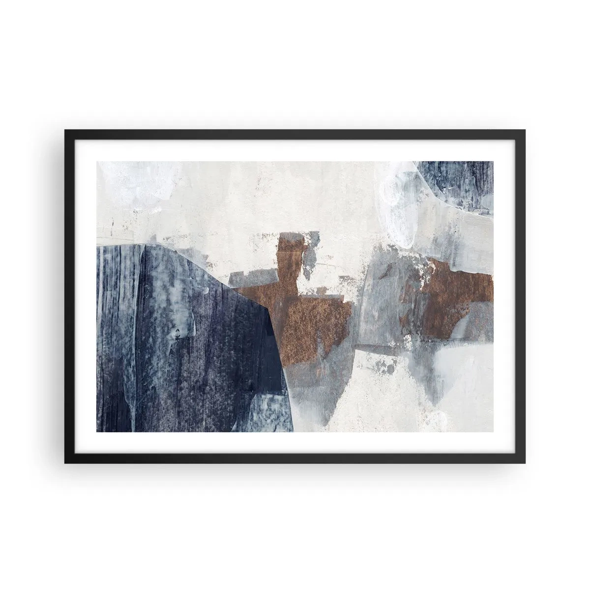 Póster en marco negro - Formas abstractas en tonos azules y marrones. - 70x50cm - Formas azules y marrones - Decoración de pared moderna para salón y dormitorio ARTTOR