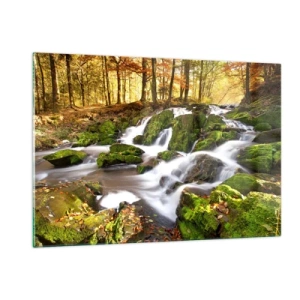 Cuadro sobre vidrio - Impresiones sobre Vidrio - Un arroyo forestal con cascadas en un paisaje otoñal. - 120x80cm - Atravesando el bosque otoñal - Decoración de pared moderna para salón y dormitorio ARTTOR