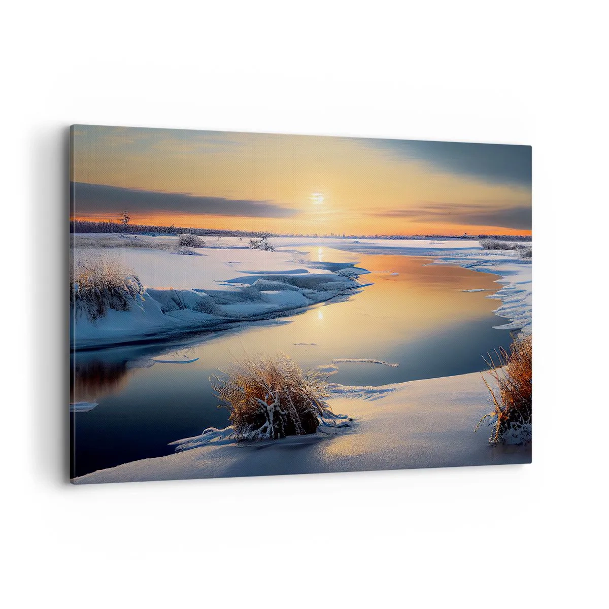 Cuadro sobre lienzo - Impresión de Imagen - Paisaje invernal con un río al atardecer - 120x80cm - Atardecer de invierno - Decoración de pared moderna para salón y dormitorio ARTTOR